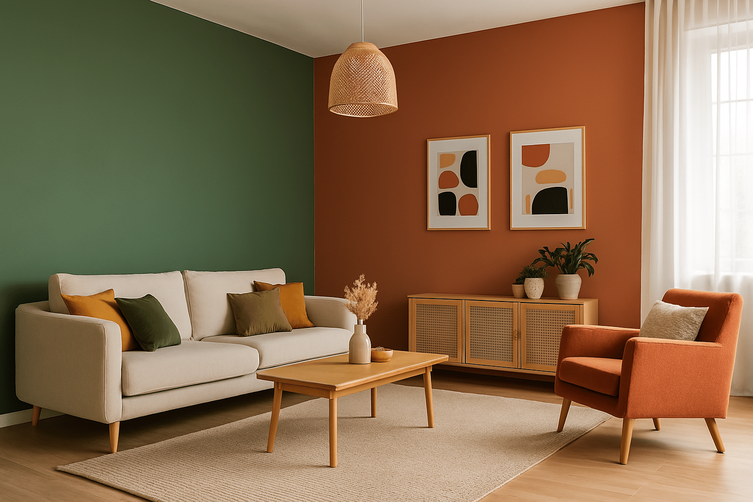 Ambiente moderno decorado con colores de pintura 2025 como beige, verde oliva y terracota en una sala luminosa