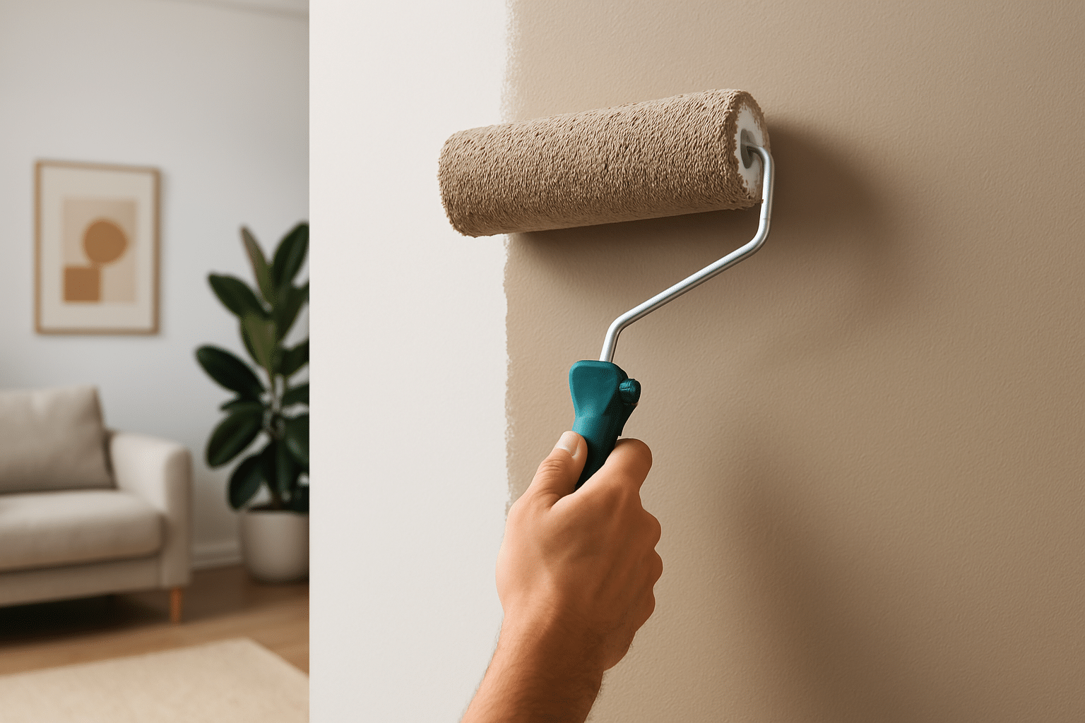 Aplicación de pintura en tendencia 2025 con rodillo sobre pared interior moderna
