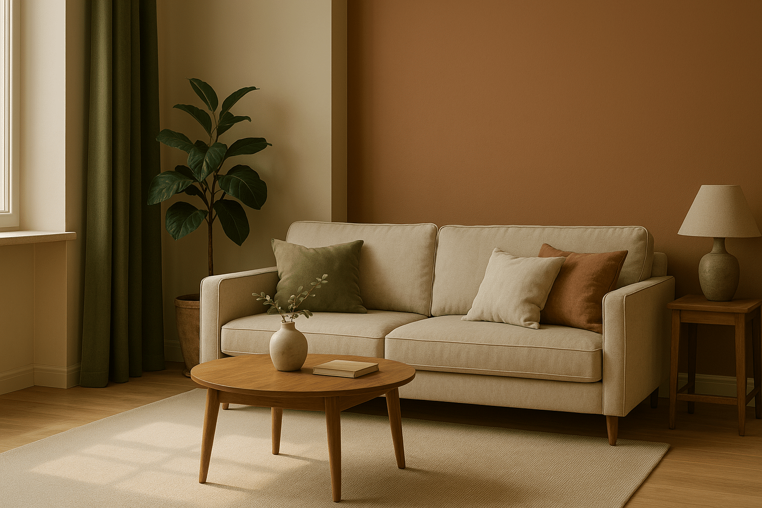 colores de pintura 2025 en sala decorada con tonos modernos como beige, terracota y verde oliva