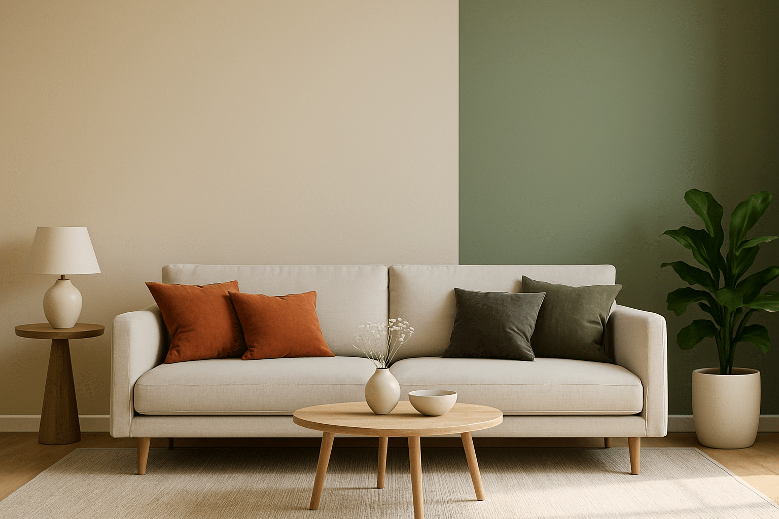 sala moderna con paredes en color beige y verde oliva tendencia 2025
